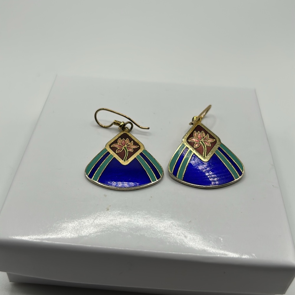 Laurel Burch vintage earrings water lily enamel vermeil boho floral blue green